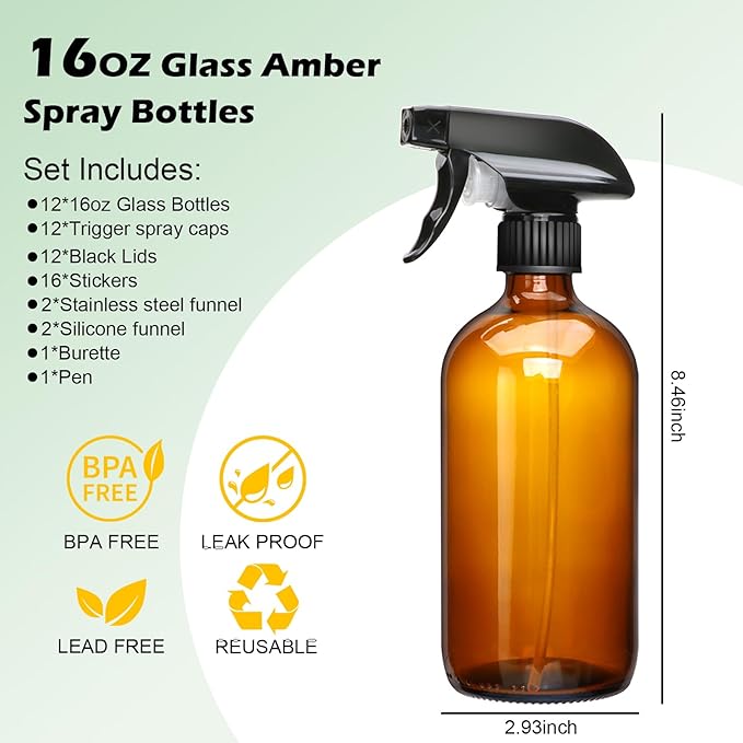 16oz Amber Glass Spray Bottles,Glass Spray Bottles for Cleaning,spray Bottle for Hair,Amber glass Spray Bottle for Window cleaner, plants, aromatherapy, facial hydration, hair care, flowers 12pcs