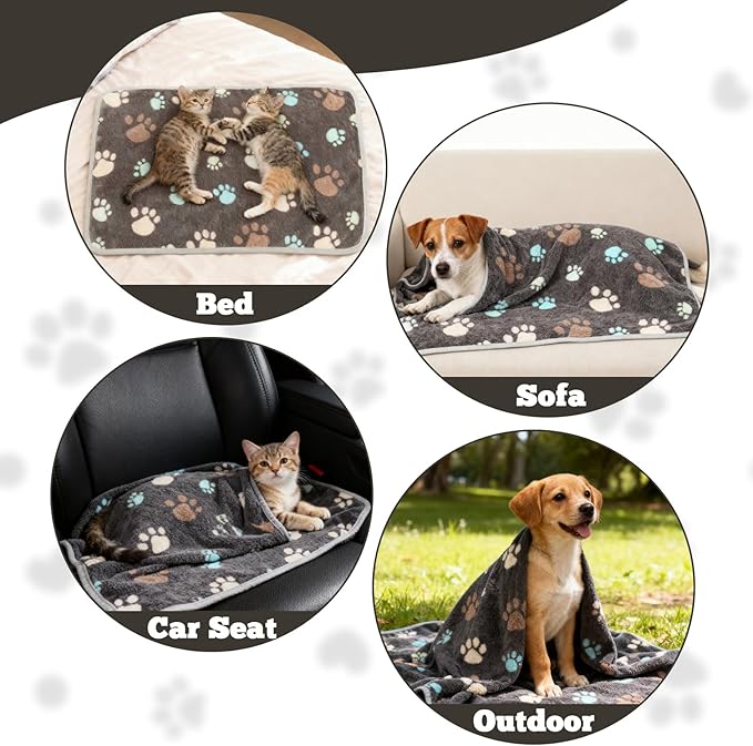 12 Pcs Small Dog Blanket Fleece Puppy Blankets Washable Pet Blankets for Cats Soft Flannel Paw Printed Throw for Guinea Pig Indoor Kittens Doggie (23 X 16 Inch,Dark Gray)