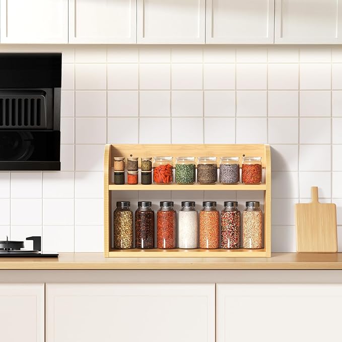 2 Tier Bamboo Spice Rack, Countertop or Wall Mounting Wood Spice Jars Organizer Shelf for Kitche, Pantry (Natural)