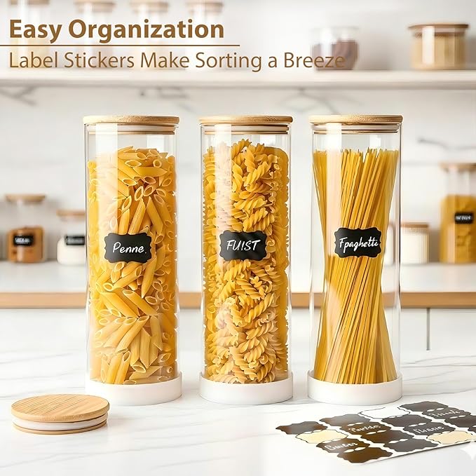 73oz Glass Spaghetti Pasta Containers for Pantry Organization, 3-Pack Large Airtight Food Jars with Bamboo Lids and Non-Slip Silicone Bases, Clear Storage Canisters for Flour, Cereal, Rice