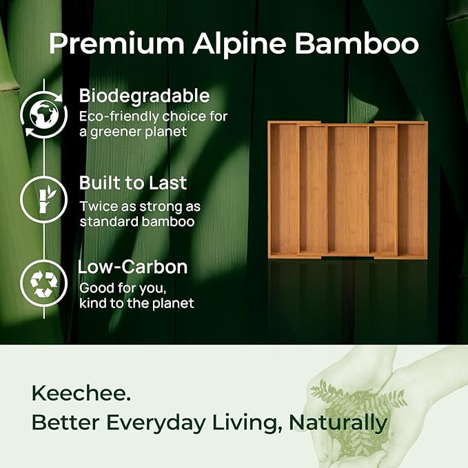 Carbonized Bamboo Kitchen Drawer Organizer, 5 Slots Expandable Silverware Organizer, Utensil Holder & Cutlery Tray, 2.2" Deep for Extra Capacity, Non-Slip Feet Included.