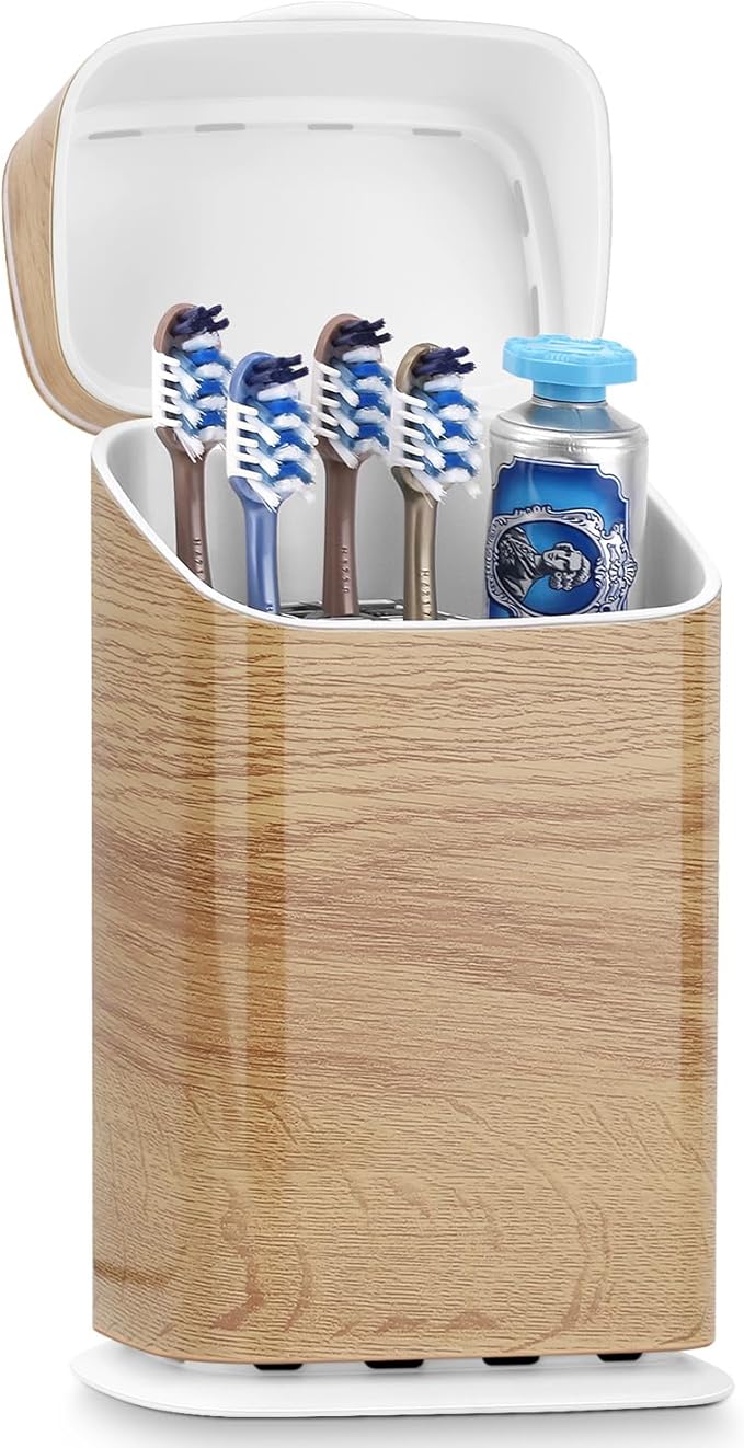 GFWARE Toothbrush Holders with Cover - 5 Slots Toothbrush and Toothpaste Holde Kids Tooth Brush Holder for Bathroom, Detachable Bathroom Sink Organizer countertop, Wood