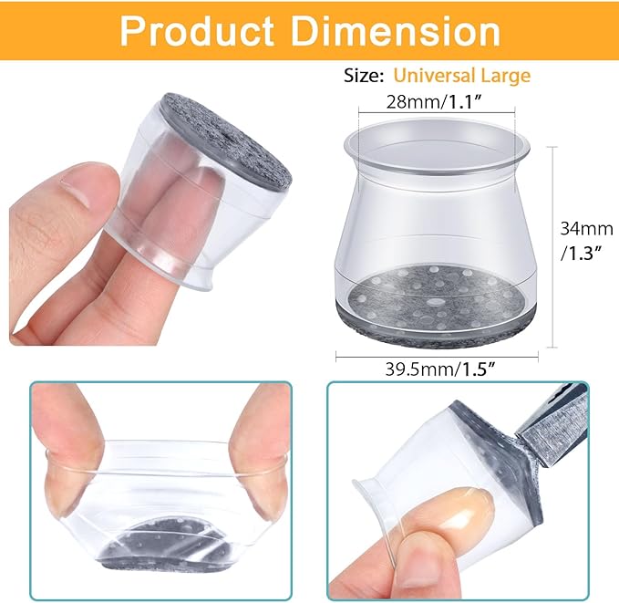 16 Pcs Chair Leg Floor Protectors - Silicone Felt Pads, Scratch-Proof & Noise-Free, Easy Smooth Moving, Large Size (Fits Round Chair Legs: 1-5/16" to 2" Diameter)