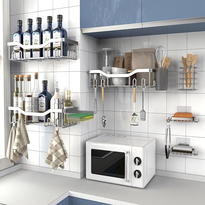 Shower Caddy Adhesive Shower Organizer 8-Pack, Rustproof Stainless Steel Bathroom Shelves, Large Capacity No-Drill Rack Storage Accessories with Soap Dish Toothbrush Holder Hooks