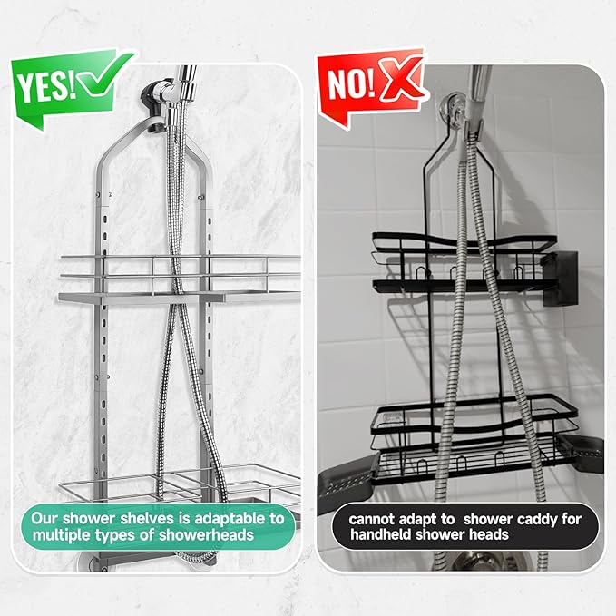 Shower Caddy Hanging for Handheld Showerheads Adjustable Height Extra Long Bathroom Storage Organizer Hanger Rack Rustproof Hose Shower Organizer 4 Levels Height Shower Rack (Sliver)