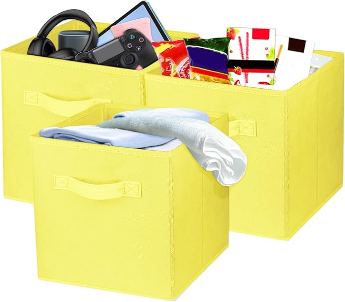 3 Pcs Storage Cubes, 10.5 Inch Collapsible Storage Bins, Fabric Foldable Bins for Organization, Durable Storage Bins for Closet, Shelves, Offices (Yellow)