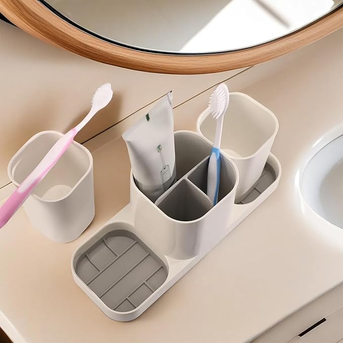 Toothbrush Holder for Bathroom, Electric Toothbrush Holder with Cups, Kids Bathroom Accessories Set with Toothpaste Holder, White