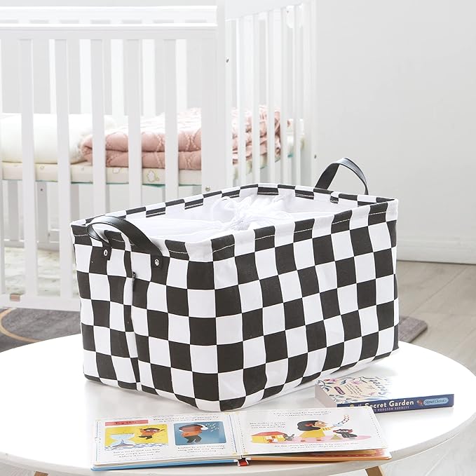 Hinwo 2-Pack Large Canvas Fabric Storage Basket with Handles, 33L/8.6-Gal Rectangle Bin, Collapsible Storage Box, Clothes, Toys, Blankets Organizer, 16.5 x 12 x 10 Inches (L, Black Checkerboard)