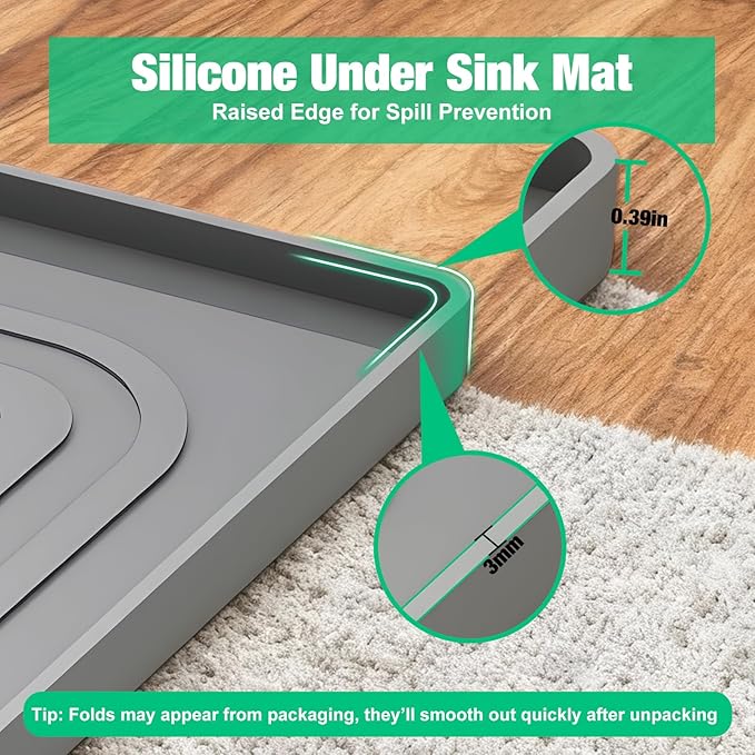 Aisslro Under Sink Mat 31" X 22", Waterproof Silicone Under Sink Mats for Kitchen, Anti-Leak Shelf Liner & Cabinet Protector with Raised Edge, [BPA Free] Bathroom Tray Home Organizer, Gray
