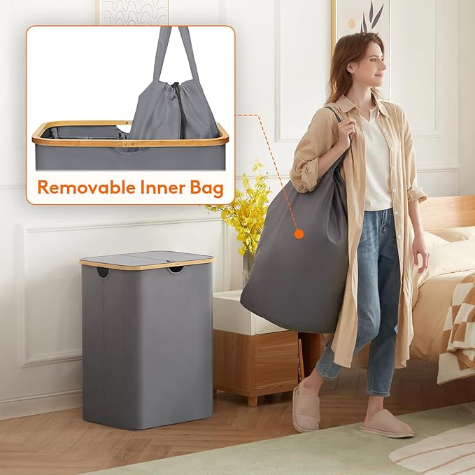 Lifewit 150L Laundry Basket with Lid, Clothes Hampers for Laundry with Bamboo Handles and 2 Removable Bags, Large Foldable Laundry Hamper for Bedroom, Bathroom, Dorm, Grey