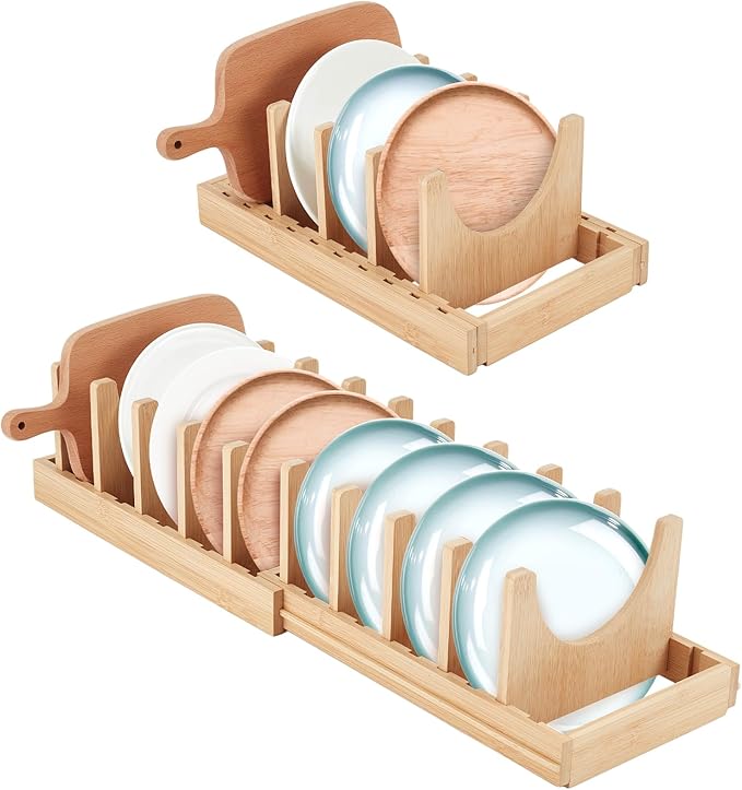 Bamboo Expandable Pots and Pans Organizer under Cabinet, Pot Lid Organizer Holder with 10 Adjustable Dividers, Cutting Board Holder, Baking Sheet Organizers for Kitchen Countertop