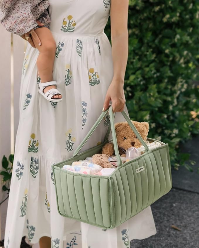Blissful Diary Baby Diaper Caddy Organizer, Stylish Storage Basket for Newborn Essentials and Diaper Station, Gift for Baby Shower and Registry Must-Have, Sage Green