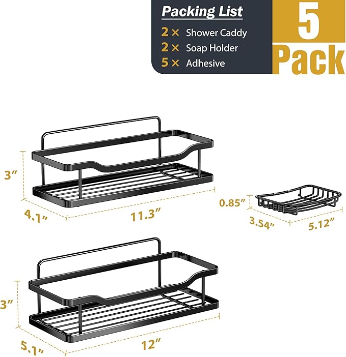 OMAIRA 3-Pack Shower Caddy with Soap Holder, Adhesive Rustproof No-drill Strudy Loading Inside Shower Organizer Shelves Rack Storage Bathroom Organization for Smooth Wall Glass Tile, Black (X-Large)