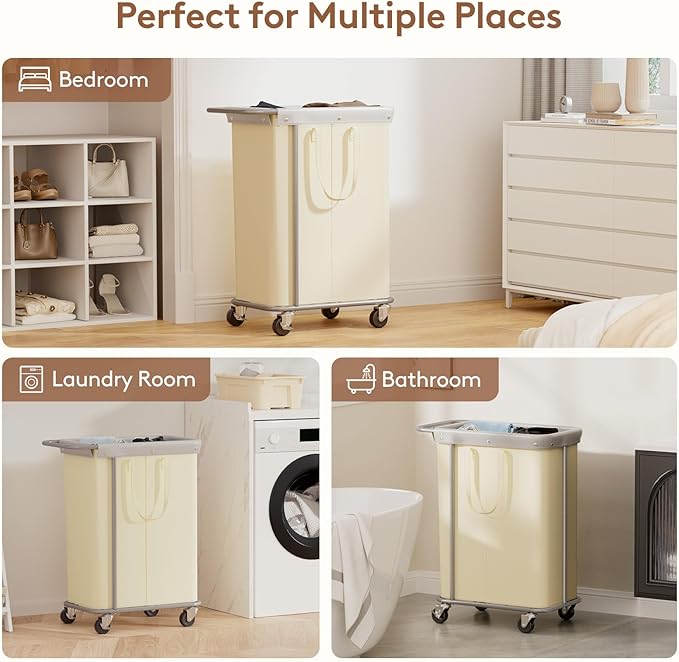 Lifewit 150L Large Laundry Basket with Wheels, Tall 2 Section Laundry Hamper Organizer, Rolling Laundry Cart with Steel Frame & Removable Bag for Luandry Room Bathroom Bedroom, White