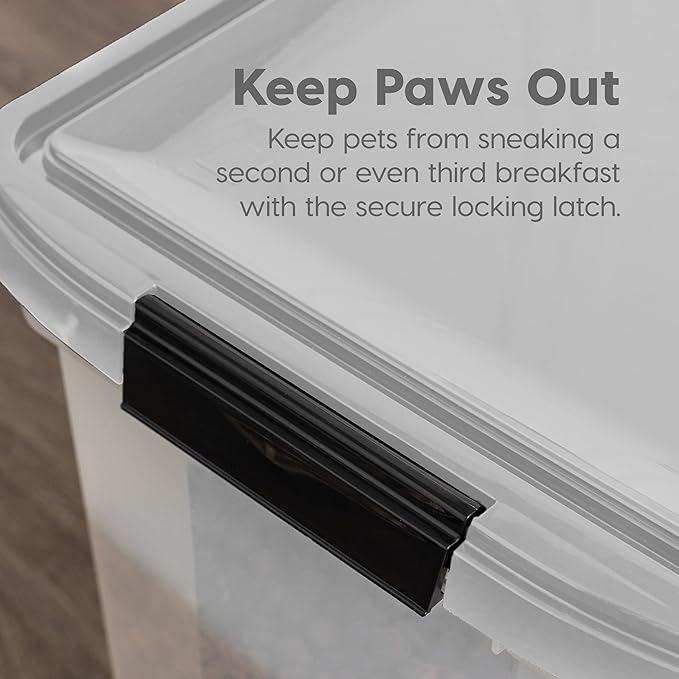 IRIS USA Airtight Dog Food Storage Container, WeatherPro, Up to 25 lbs, Removable Wheels, for Dog Cat Bird and Other Pet Food Storage Bin, Keep Fresh, Translucent Body, Made in USA, Clear/Gray
