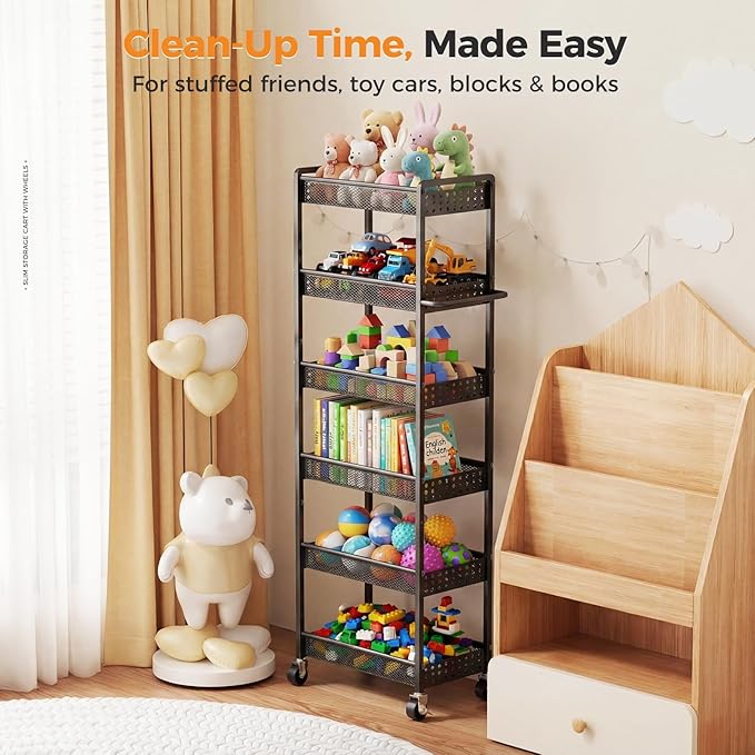 6 Tier Slim Storage Cart with Wheels, 10" D Rolling Storage Cart for Small Space, Metal Narrow Spice Cabinet Mobile Shelving Unit Organizer with Handle for Kitchen, Laundry - Black