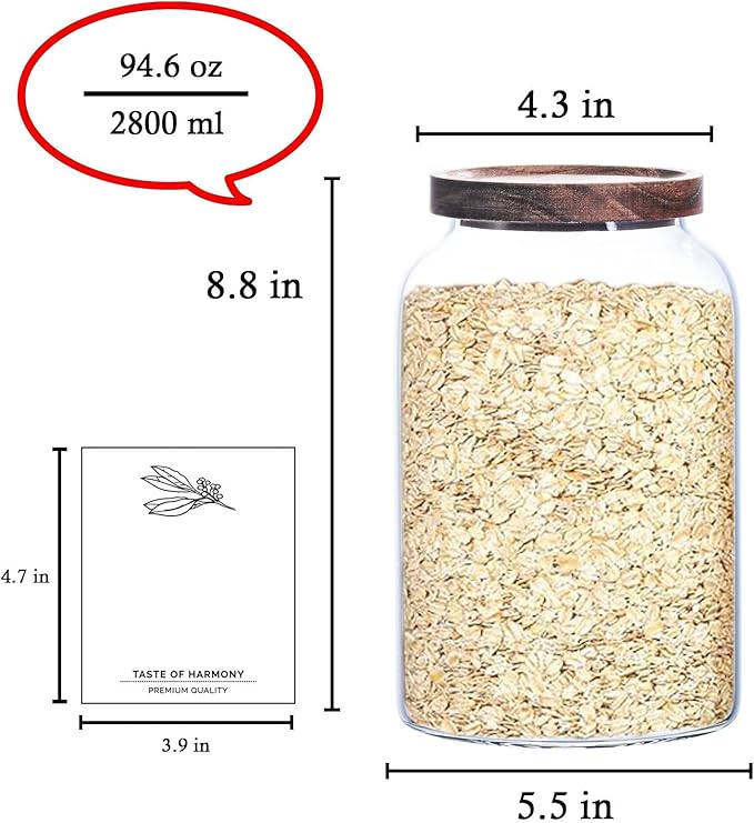 COBKSXUEP Large Glass Jar with Airtight Lid 94 FL OZ Glass Canister Set Wooden Lids Glass Food Storage Containers for Kitchen Counter Flour Tea Coffee Beans Sugar Cookies Overnight Oats (2pcs 2.8L)