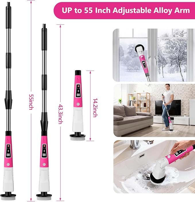 Electric Spin Scrubber,2026 New Adjustable Angle Cleaning Brush，IPX7 Waterproof Shower Scrubber with 3 Speed Settings,9 Brush Heads & Extendable Long Handle for Bathroom, Kitchen and Car Cleaning