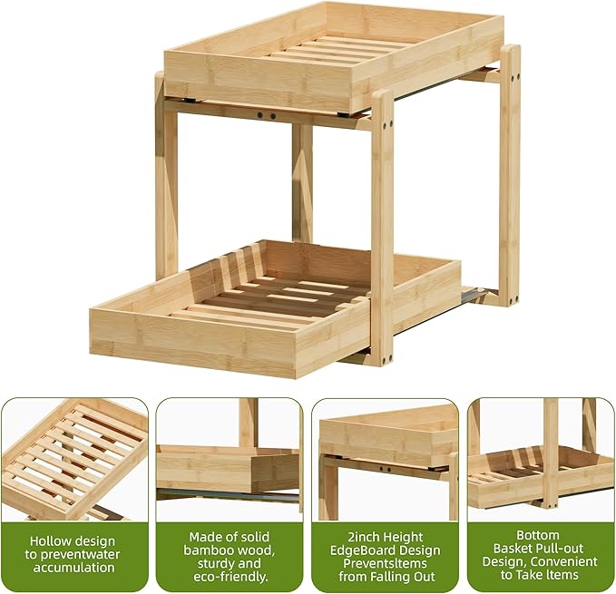 Bamboo Wood Under Sink Organizer 2 Pack, Pull Out Cabinet Organizer 2 Tier Under Sink Organizers and Storage with Sliding Drawer Sturdy Easy Assembly for Kitchen Bathroom (Nature)