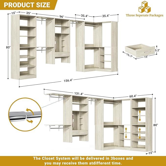 Unikito Closet System with Vanity Desk, 156”Modular Corner Closet Organizer System with Hanging Rods & Adjustable Shelves, Freestanding Wood Wardrobe Organizer, Sturdy Walk in Closet Tower, White Oak