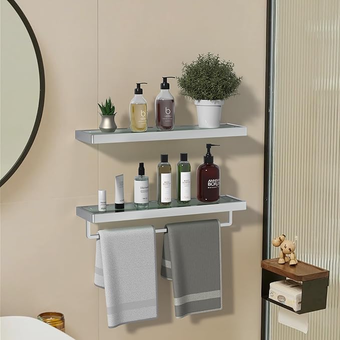 SFGSOWOR Bathroom Shelves Glass Bathroom Shelf with Towel Bar, Floating Shelves for Living Room/Study Room Tempered Glass Rectangular 1 Tier Organizer Wall Shelf (Chrome Polished, 20'')