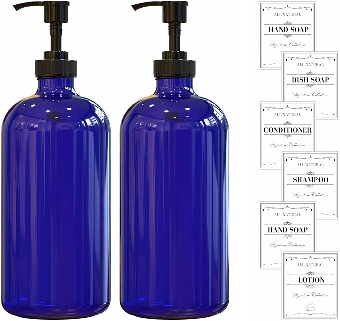 16 OZ Cobalt Blue Glass Soap Dispenser with Pump 2 Pack, Hand and Dish Soap Dispenser Set for Bathroom and Kitchen Sink with 6 Waterproof Labels