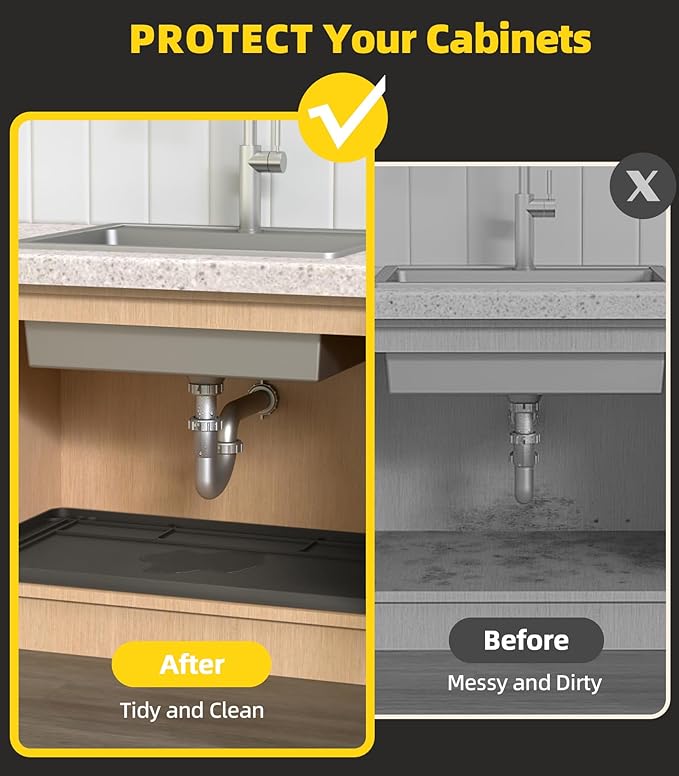 Wohbay Under Sink Mats for Kitchen Waterproof, Cut to Fit Under Sink Drip Tray for Kitchen Bathroom Cabinets, Silicone Sink Liner Hold Up to 3.3 Gallons Liquid, 34" X 22" Or Smaller (Black, Large)