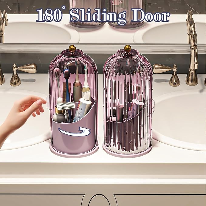 Zufudo Dustproof Toothbrush Holders with Cover, Rotating Electric Toothbrush and Toothpaste Holder for Bathroom Countertop, 3 Slots Makeup Brushes Organizer, All Pink
