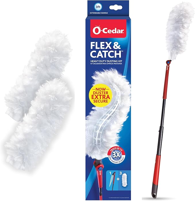 O-Cedar Flex & Catch Heavy Duty Dusting Kit with 3 Disposable Duster Refills | New & Improved Model | Extendable 3 Ft Handle with Stay-On Duster Hook | Traps 3X More Dust Than Feather Dusters