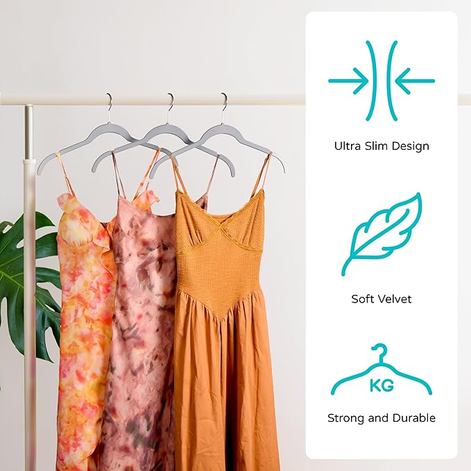 Sishynio Premium Velvet Shirt Hangers 30 Pack, Space-Saving Non-Slip Felt Hanger with 360° Swivel Hook, Slim Flocked Hangers for Strappy Dresses, Blouses, Tank Tops(Grey)