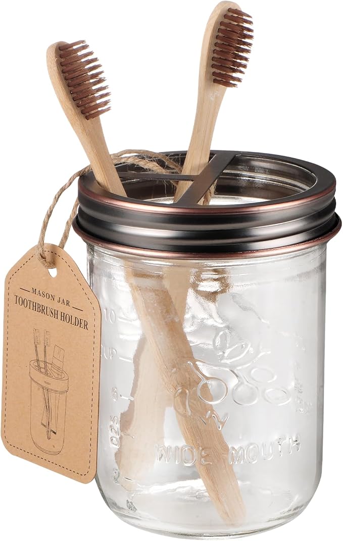 SheeChung Mason Jar Toothbrush Holders, Glass Toothbrush Holders for Bathroom, Bathroom Essentials, Mason Jar Bathroom Accessories Set, Bathroom Countertop Organizer-Oil Rubbed Bronze
