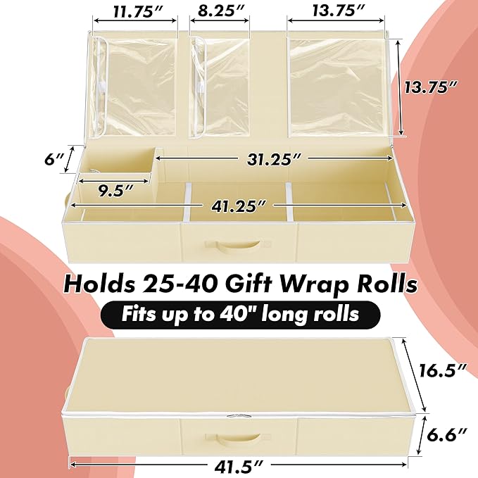 Simple Houseware 41.5" Wrapping Paper Storage Organizer - Fits 40 Rolls with Adjustable Straps, Interior Divider for Ribbons & Bows, 3 Clear Pockets for Gift Bags & Tools, 41.5''L x 16''W, Beige