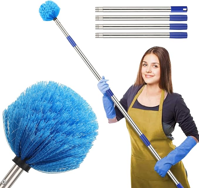 COCONUT Cobweb Duster with Pole,4-feet Ceiling Fan Duster Medium Stiff Bristles for Indoor Outdoor Garage
