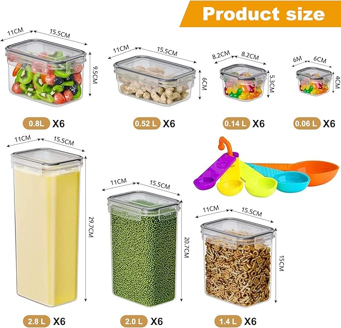 stusgo Airtight Food Storage Containers with Lids, BPA Free Clear Pantry Storage Container for Kitchen Food Pantry Organizers and Storage, Plastic Pantry Organiser for Cereal,Flour and Sugar 42 pack