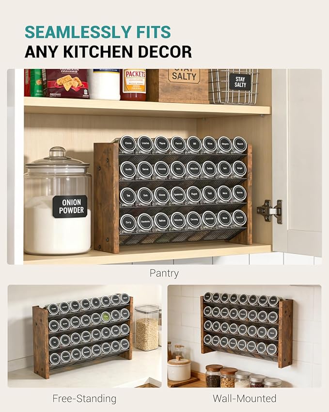 NESAPTO Spice Rack Organizer for Cabinet, Wooden 4 Tier Vertical Seasoning Organizers for Kitchen Pantry, Countertop/Wall Mount, Holds 32 Spice Jars (No Jars Included), 15.7" W × 9.4" H