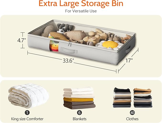 Under Bed Storage Containers with Window, Closet Organizers and Storage Bags, Foldable Underbed Storage Bags for Blankets, Clothing, Comforter, Linen Sheets, Wrapping Paper, 2 Pack, Grey