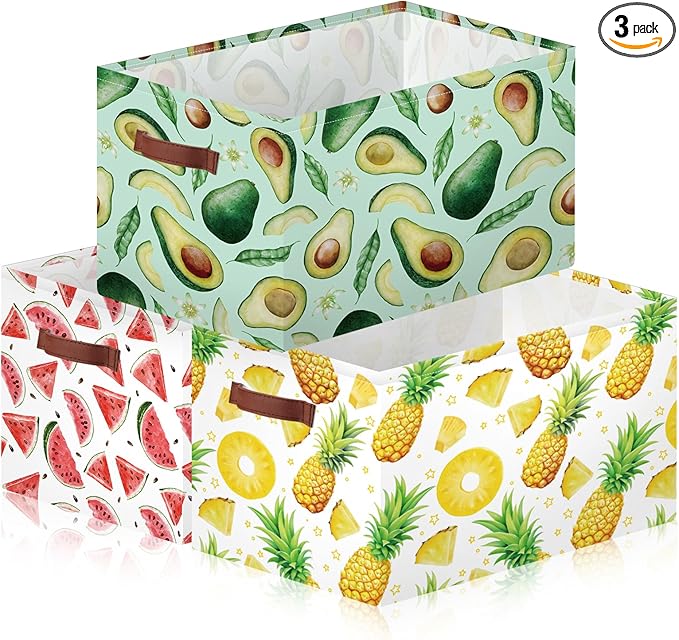 Boao 3 Pack Fruit Pattern Storage Basket with Handles, Large Collapsible Canvas Storage Bins, Cute Rectangle Laundry Basket Organizer for Kids Room, Playroom, Bedroom, Closet, Kitchen, Nursery Decor