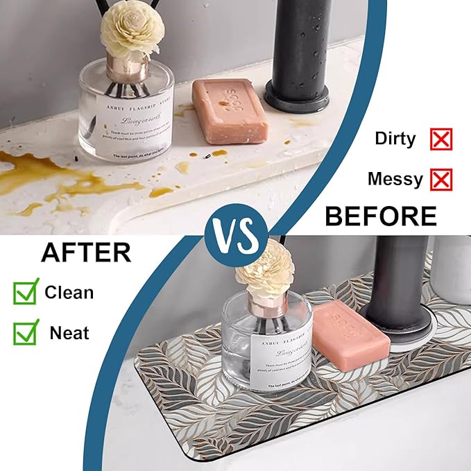 Embossed Leaf Texture Sink Splash Guard Grey Leaf Faucet Absorbing Mat Fast Drying Mat Sink Gadgets Splash Guard Behind Faucet Drip Catcher for Kitchen Bathroom, 15.5"x5.5"