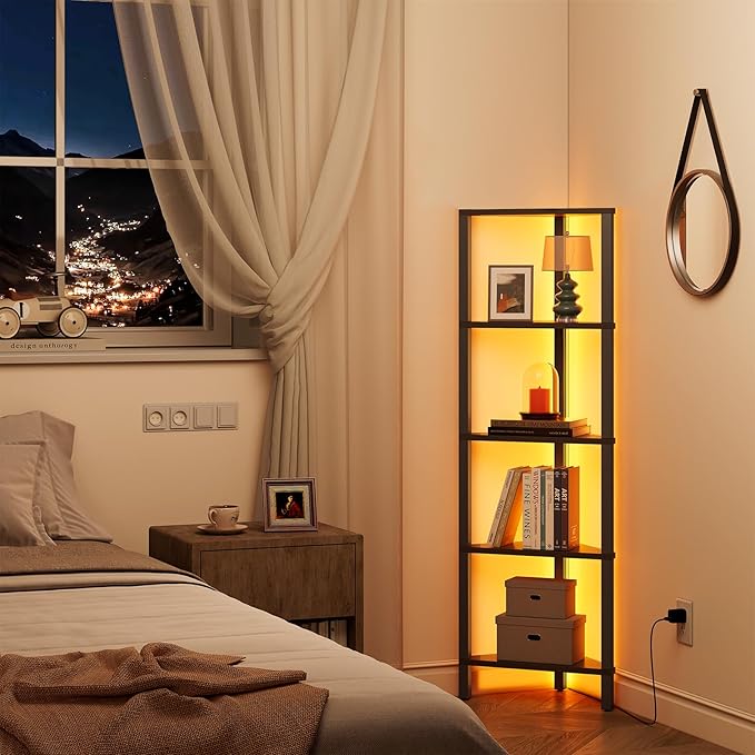 TUTOTAK Corner Shelf with LED Light, 5-Tier Corner Bookshelf for Small Space, Narrow Display Corner Shelf Stand with Storage Rack, for Living Room, Bedroom, Black BS05BK005L
