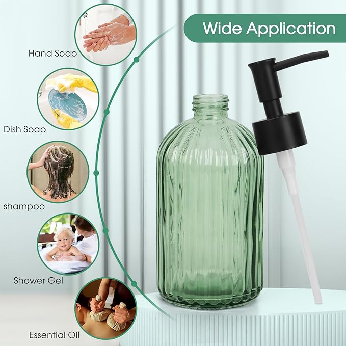 Topsky 2 Pack Glass Soap Dispenser with Black Plastic Pump, 400ml Liquid Hand Soap Dispenser, Rustproof Pump for Kitchen & Bathroom, Great for Lotions, Essential Oil, Liquid Soaps-Clear & Green