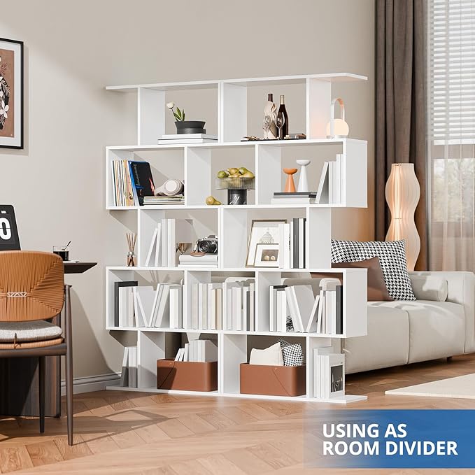 Cozy Castle Set of 2 Geometric Bookcase, S-Shaped Modern Bookshelf, Room Divider Bookshelf, 62" Tall Unique Abstract Bookcase with 5-Tier Display Shelf for Living Room Office, White