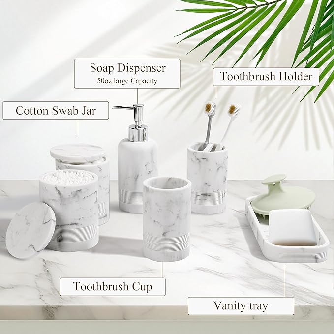 6-Piece Bathroom Accessories Set, Organizer Set with Soap Dispenser, Toothbrush Holder Set, Vanity Tray, Tumbler & 2 Cotton Swab Jars – Modern Stylish Bathroom Storage(Marble White)