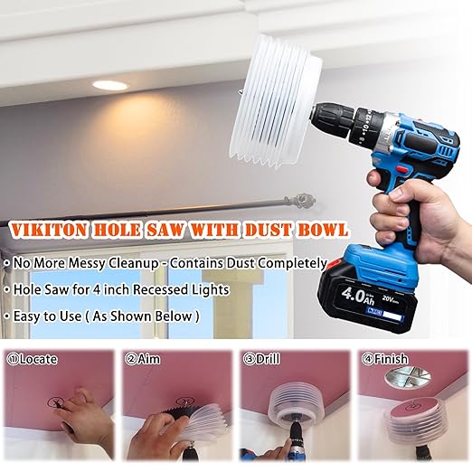4-1/4 Hole Saw for Recessed Lights, 4.25 Inch Hole Cutter with Dust Bowl Catcher for Led Recessed Lighting 4 Inch and Wood Metal Drywall, Bi-Metal Construction, Black