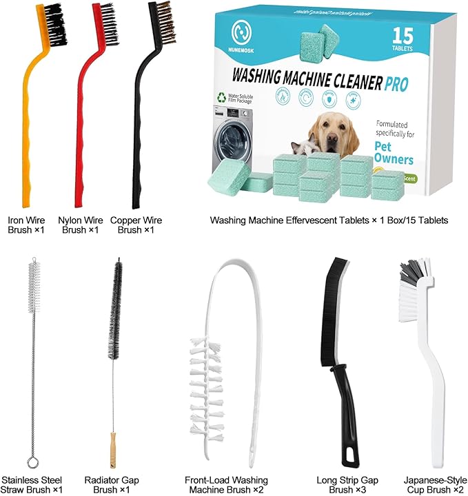 Washing Machine Cleaner, Washer Machine Cleaner Tablets 15 Pcs + Dryer Vent Cleaner Kit 12 Pack, Crevice Cleaning Brush for Bathroom, Shower & Kitchen, All-in-One Multi-Surface Scrubbing Brushes