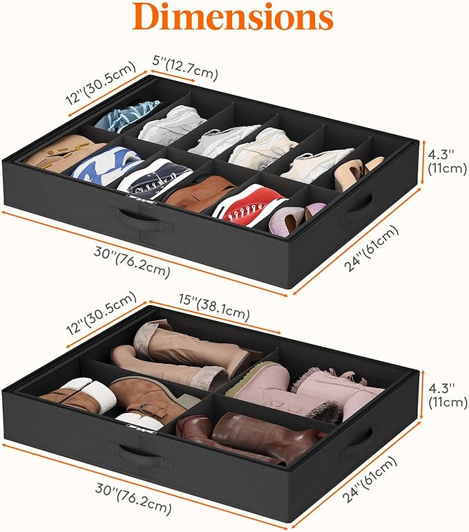 Lifewit Under Bed Shoe Storage Organizer 4 Pack(2x12 Pairs+2x4 Pairs), 4.3" Tall Fabric Shoes Container Box, Foldable Closet Shoe Bag with 2 Reinforced Handles and Clear Cover, Black