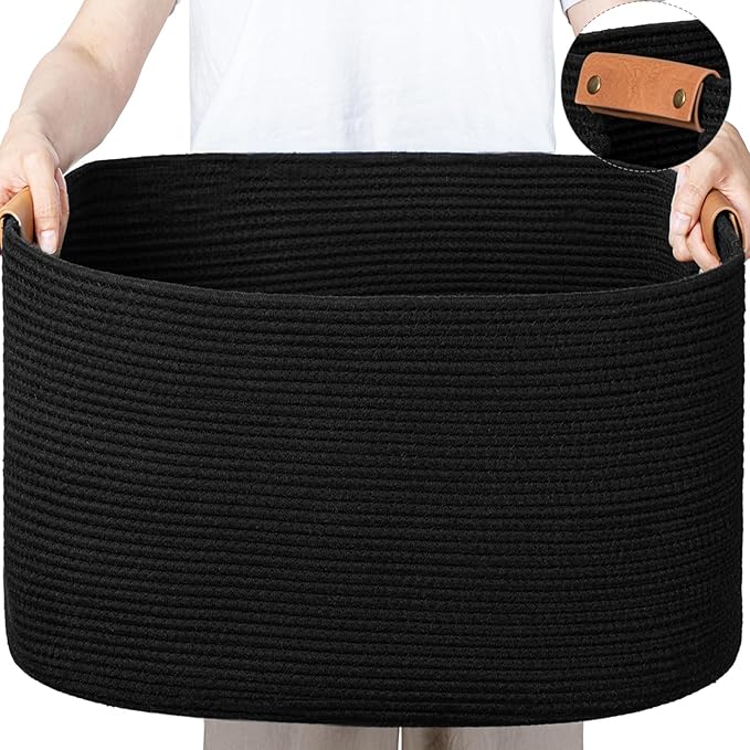 danpinera Large Woven Basket, 108 L Blanket Basket for Living Room, Nursery Bin for Toys Organizing & Laundry, Cotton Rope Hamper with Leather Handle, 25’’*16’’*16’’ Black