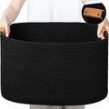 danpinera Large Woven Basket, 108 L Blanket Basket for Living Room, Nursery Bin for Toys Organizing & Laundry, Cotton Rope Hamper with Leather Handle, 25’’*16’’*16’’ Black