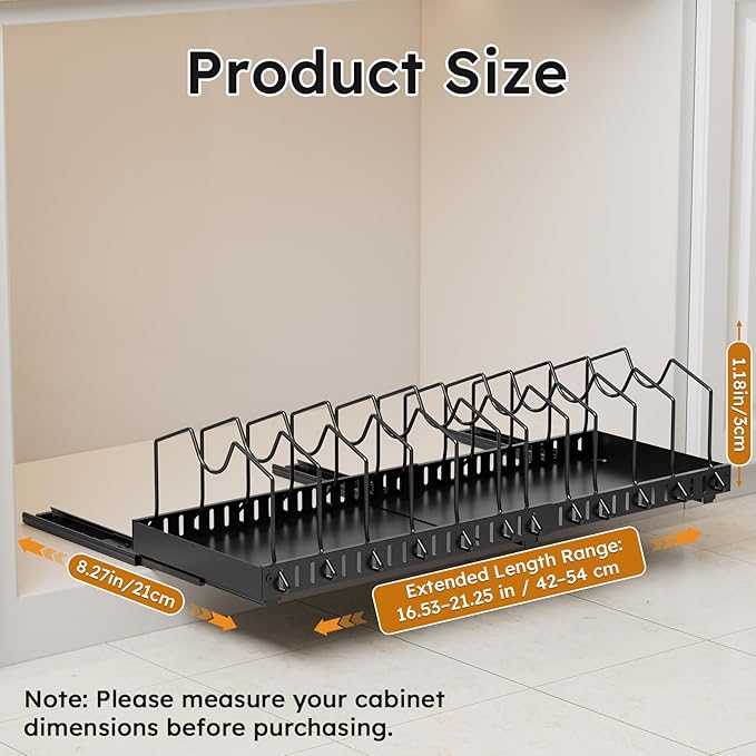 Pull-out Pots and Pans Organizer Under Cabinet - 1 Pack Expandable Pot and Pan Organizer Rack with 12 Adjustable Dividers for Pot, Cutting Board, Dishes, Lid, Baking Tray