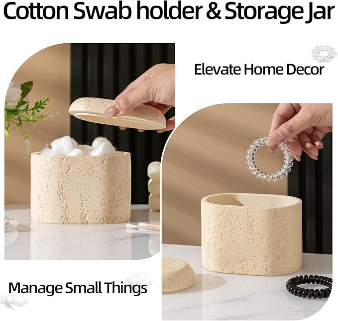 Bathroom Accessories Set, Travertine Stone-Look, 5 PCS Bathroom Accessory Set with 13.53 OZ Soap Dispenser, Toothbrush Holder, Tumbler, Vanity Tray, Cotton Swab Jars for Countertop (Yellow)