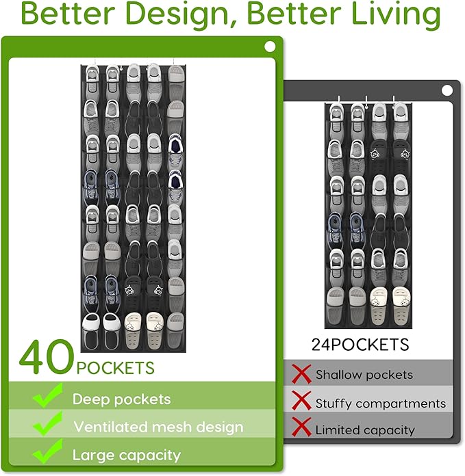 Unjumbly Over the Door Shoe Organizer with 40 Large Breathable Mesh Pockets, Space Saving Shoe Holder, Hanging Shoe Rack for Entryway Bedroom Closet Storage (Black, 80 Pockets)